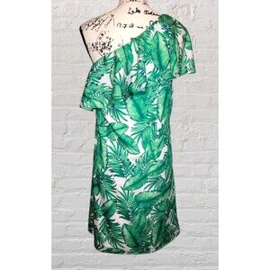 Gianni Bini Palm Print Mini Dress Womens SM Green Ruffle One Shoulder Beachy
